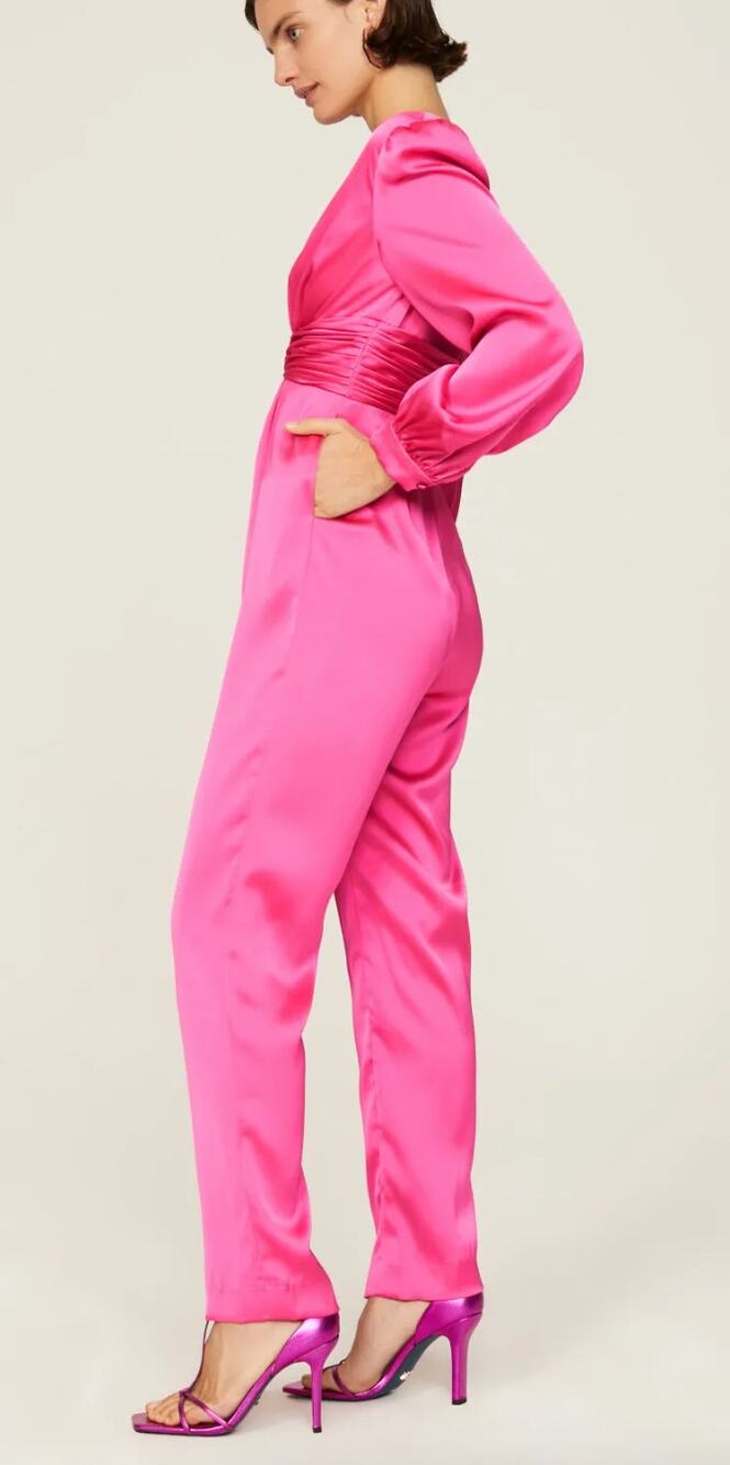 Leena for MACDUGGAL Plunge Neck Long Sleeve Satin Pink Jumpsuit Size 2. New